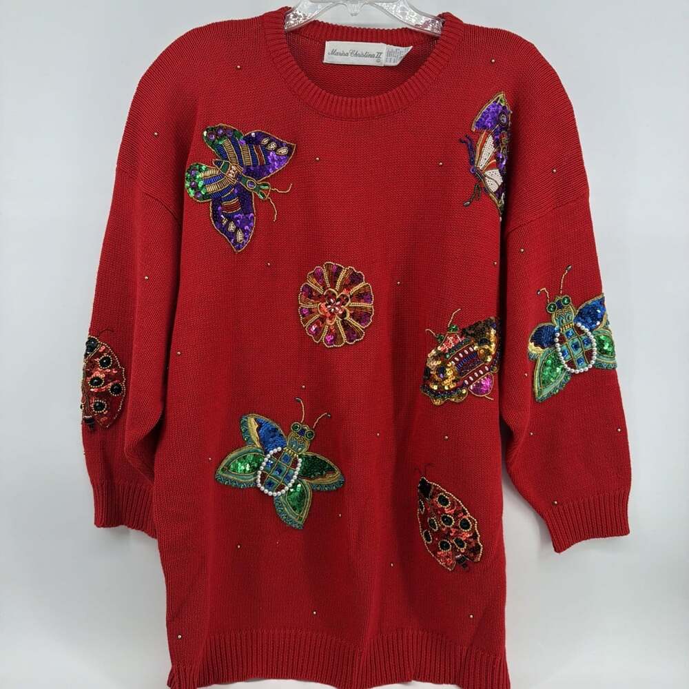 Vtg Marisa Christina Womens Sequin Sweater Red Ladybug Butterfly Eclectic NO Sz
